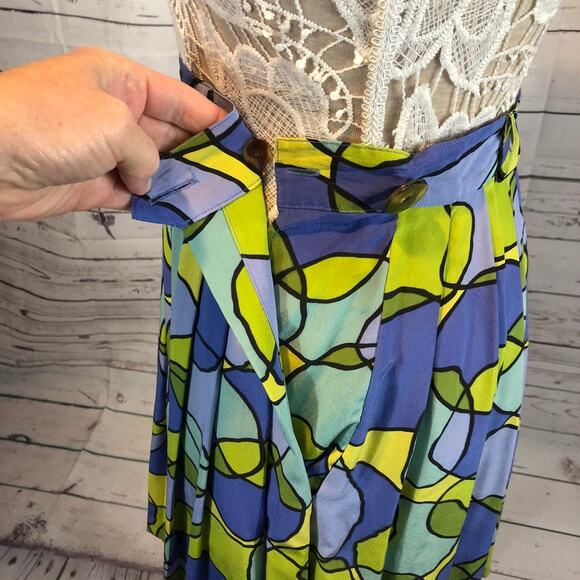 Vintage K•I•K•I•T Maurice Sasson Silk Abstract Print Skirt yellow & blue size 10 - Picture 3 of 12
